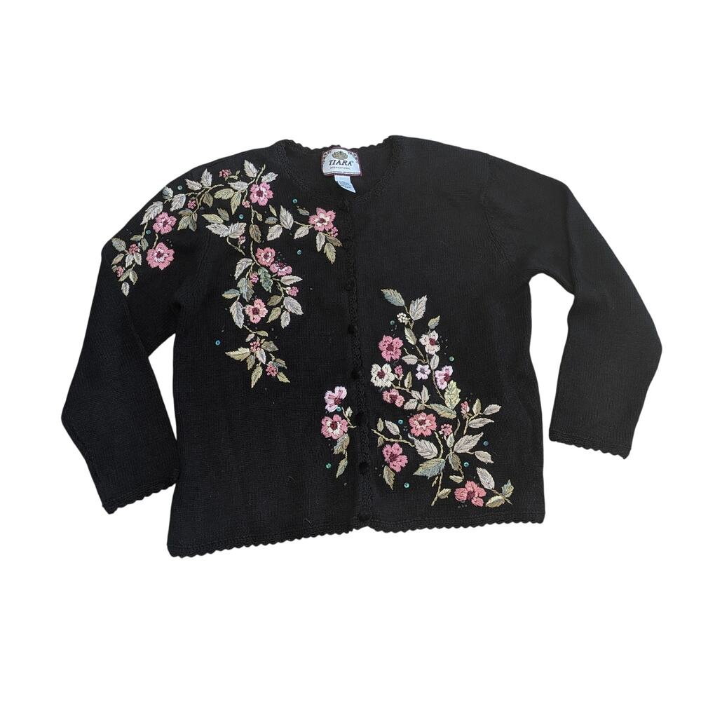 Y2K Tiara International Black Floral Embroidered Knit Cardigan XL Beaded VTG